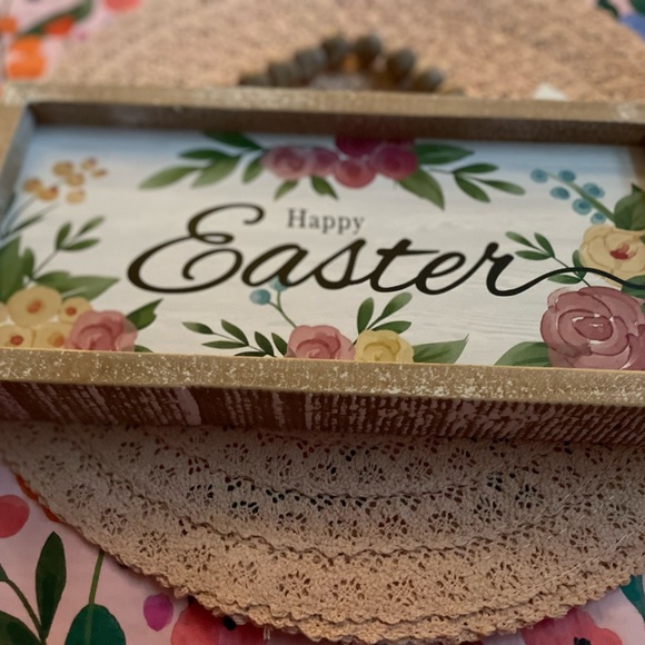 Rose and Yellow Happy Easter sign with distressed wood and wooden bead hanger - Picture 5 of 5